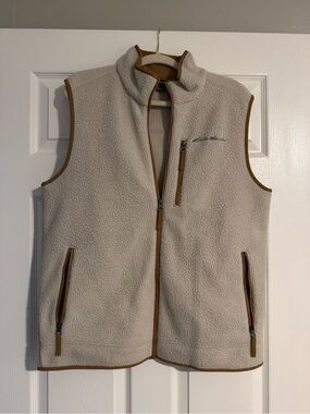 Eddie Bauer Cream Sherpa Vest with Tan Collar Trim